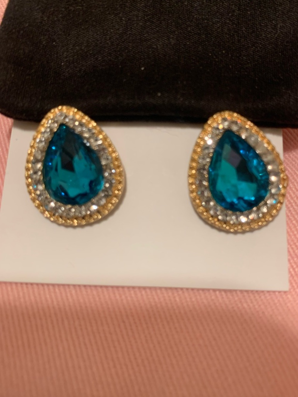 Teardrop Blue Crystal Stud Earrings with Gold and Clear Accents